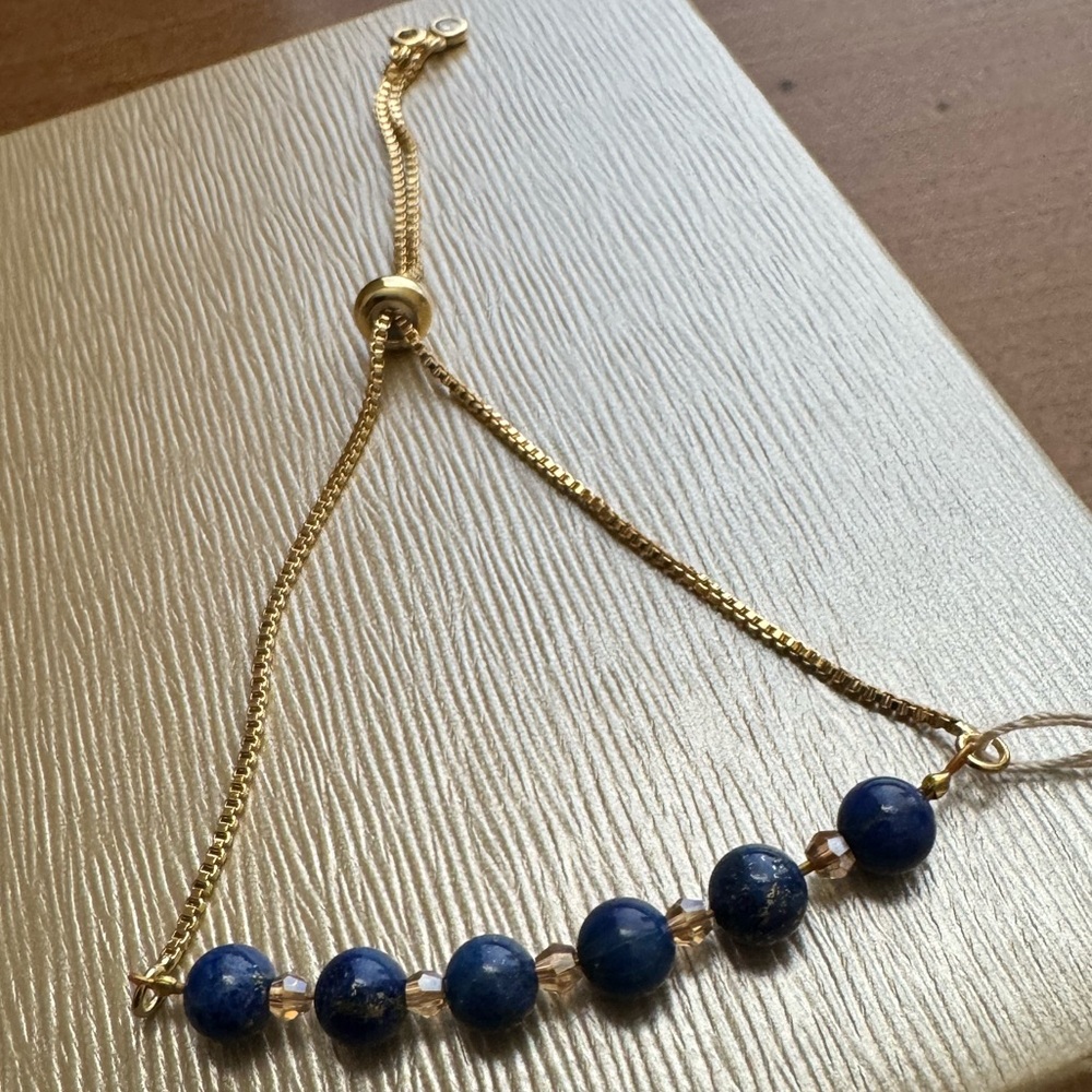 Blue Lapis Lazuli and Faceted Gold Bicone Crystal Bead Slider Bracelet